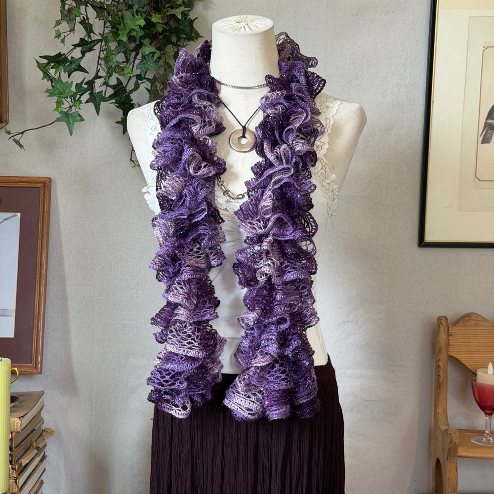 Purple Metallic Knit Ruffle Scarf Whimsigoth Y2K Sparkly Whimsy Girly Grunge